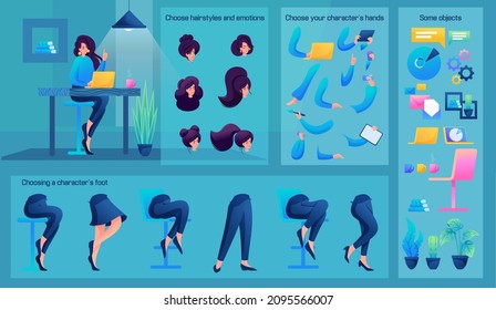 Stylized Business Character, Manager. Set for Animation. Use Separate Body Parts to Create An Animated Character. Set of Emotions, Hairstyles, Hands and Feet.
