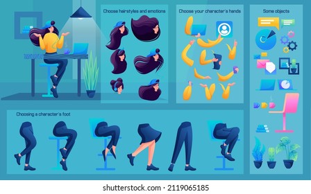 Stylized Business Character, Programmer. Set for Animation. Use Separate Body Parts to Create An Animated Character. Set of Emotions, Hairstyles, Hands and Feet