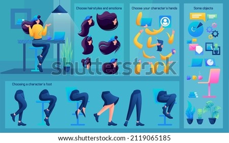 Stylized Business Character, Programmer. Set for Animation. Use Separate Body Parts to Create An Animated Character. Set of Emotions, Hairstyles, Hands and Feet