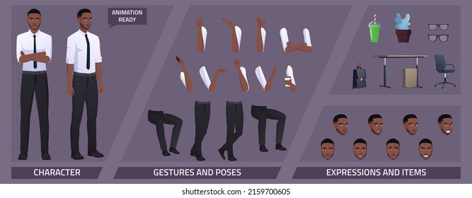 Stylized Business Characters Set for Animation with Black Man and Some Body Parts and Office Items