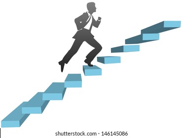 Stylized businessman runs up challenge stairs to find success