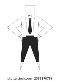 Stylized businessman with square head in jacket and tie black and white 2D line character. Professional business person figure isolated vector outline personage. Monochromatic spot illustration