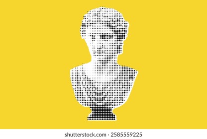 A stylized bust of a classical figure rendered in a dotted pattern against a bright yellow background.