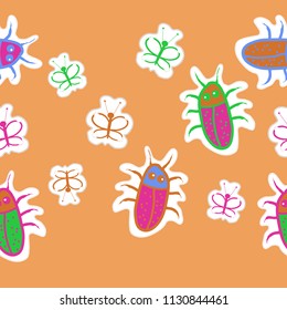 Stylized butterflies, beetles, doodles,dashed lines, tags seamless  pattern.