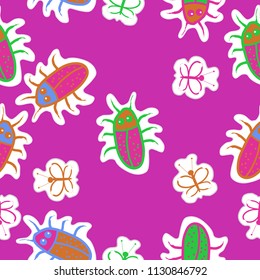 Stylized butterflies, beetles, doodles,dashed lines, tags seamless  pattern.