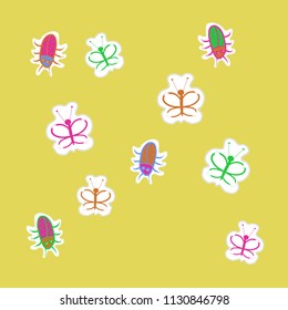 Stylized butterflies, beetles, doodles,dashed lines, tags pattern.