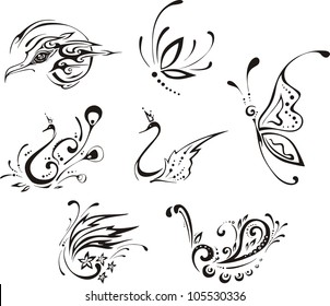 Stylized butterflies and birds. Set of black and white vector illustrations.