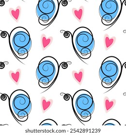 Stylized Butterflies with blue wings and decorative hearts in trendy soft pink Seamless pattern