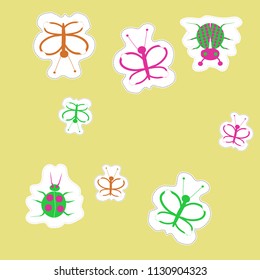  Stylized butterflies, bugs, doodles,dashed lines, tags pattern.