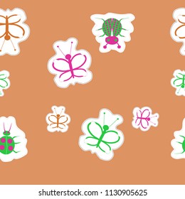 Stylized butterflies, bugs, doodles,dashed lines, tags seamless  pattern. 