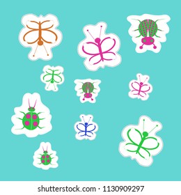 Stylized butterflies, bugs, doodles,dashed lines, tags pattern. 