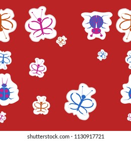  Stylized butterflies, bugs, doodles,dashed lines, tags seamless  pattern.