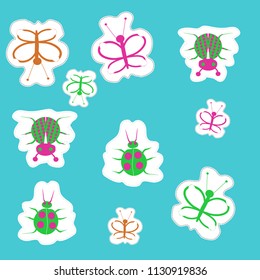  Stylized butterflies, bugs, doodles,dashed lines, tags pattern.