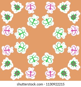 Stylized butterflies, bugs, doodles,dashed lines, tags pattern. 
