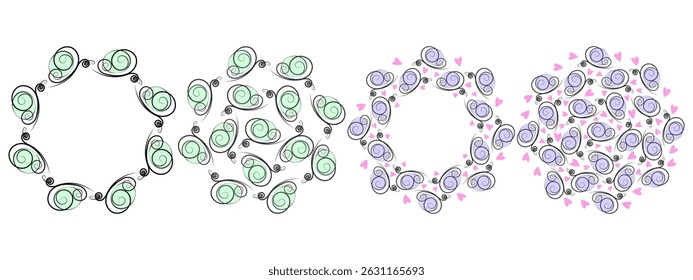 Stylized butterflies and decorative hearts Summer Circular Frame border and filled Backgrounds Set
