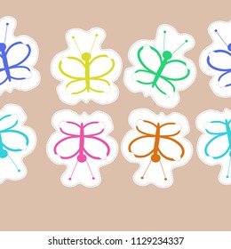  Stylized butterflies doodles,dashed lines, tags seamless pattern. 