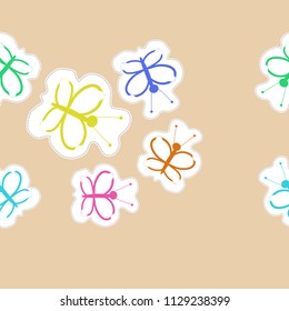 Stylized butterflies doodles,dashed lines, tags  seamless  pattern. 