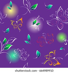 stylized butterflies flit among the leaves on a lilac background