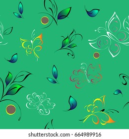 stylized butterflies flit among the leaves on a green background