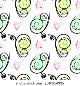 Stylized Butterflies and hearts Seamless pattern in trendy soft pink, yellow and green. Springtime