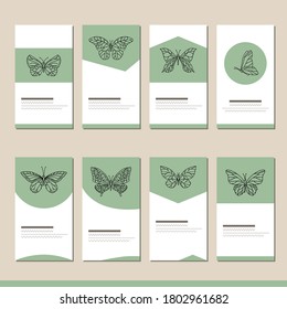 Stylized butterflies on beige background. Set with different templates. Cards for your design and advertisement