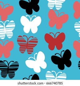 Stylized butterflies on blue background, seamless pattern