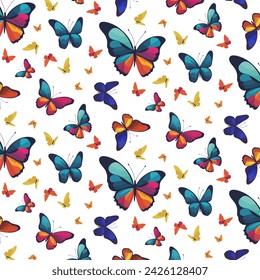 Stylized butterflies on a transparent background.Vector seamless pattern with bright butterflies on a transparent background.