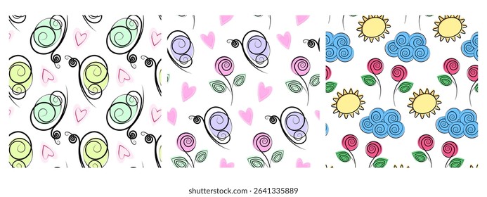 Stylized Butterflies Roses Flower Sun Cloud and decorative hearts Seamless Pattern Spring fond Set