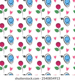 Stylized butterflies, roses and hearts Springtime Seamless Pattern in trendy marker colors. Backdrop