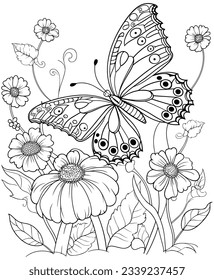 Stylized butterflies and sakura flower stock illustration