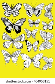 Stylized butterflies. Set butterflies. Decorative insects. Line art. Black and white drawing by hand. Dudling. Zentangl.