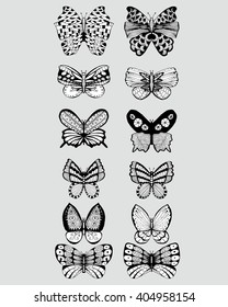 Stylized butterflies. Set butterflies. Decorative insects. Line art. Black and white drawing by hand. Dudling. Zentangl.