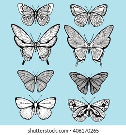 Stylized butterflies. Set butterflies. Decorative insects. Line art. Black and white drawing by hand. Dudling. Zentangl.