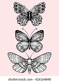 Stylized butterflies. Set butterflies. Decorative insects. Line art. Black and white drawing by hand. Dudling. Zentangl.