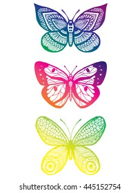 Stylized butterflies. Set butterflies. Decorative insects. Line art. Black and white drawing by hand. Doodling. Zentangle.