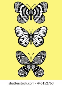 Stylized butterflies. Set butterflies. Decorative insects. Line art. Black and white drawing by hand. Doodling. Zentangle.