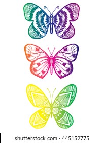 Stylized butterflies. Set butterflies. Decorative insects. Line art. Black and white drawing by hand. Doodling. Zentangle.