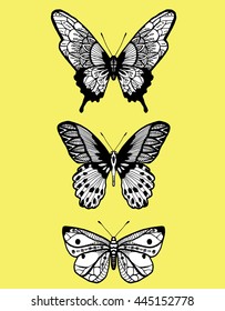 Stylized butterflies. Set butterflies. Decorative insects. Line art. Black and white drawing by hand. Doodling. Zentangle.