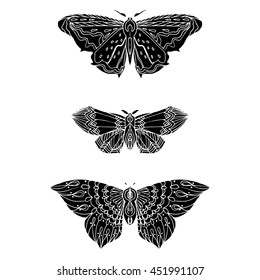 Stylized butterflies. Set butterflies. Decorative insects. Line art. Black and white drawing by hand. Doodle. Zentangle.