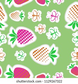 Stylized butterflies, strawberries, doodles,dashed lines, tags seamless pattern.