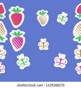  Stylized butterflies, strawberries, doodles,dashed lines, tags seamless  pattern.