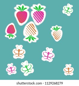  Stylized butterflies, strawberries, doodles,dashed lines, tags pattern.