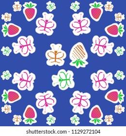 Stylized butterflies, strawberries, doodles,dashed lines, tags pattern. 