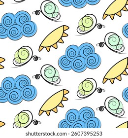 Stylized Butterflies Sun Clouds Seamless Pattern Freehand Summer Abstract Background Texture concept