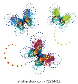 Stylized butterflies with twigs curls isolated on white background