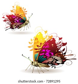 Stylized butterflies with twigs curls isolated on white background