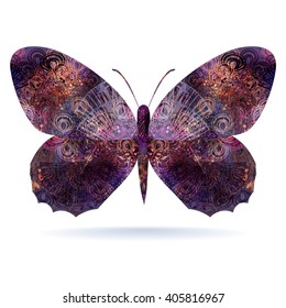 Stylized butterfly. Black wings with a beautiful ornament. Isolated on white background. Easy editable vector