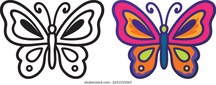 Stylized butterfly with bold outline and vibrant colors in playful pop style. Isolated on white background.