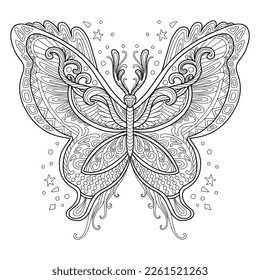 La mariposa estilizada se cierra. Dibujo a mano de la ilustración del vector de contorno negro. Para la página de coloreado antiestrés adulto, impresión, diseño, decoración, camiseta, emblema, logotipo o elementos de diseño ornamentados con tatuajes.