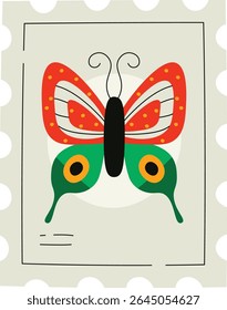 A stylized butterfly with decorative patterns on a postage stamp. The insect features bold shapes and lines, creating a vibrant and dynamic look. Cartoon vector illustration.